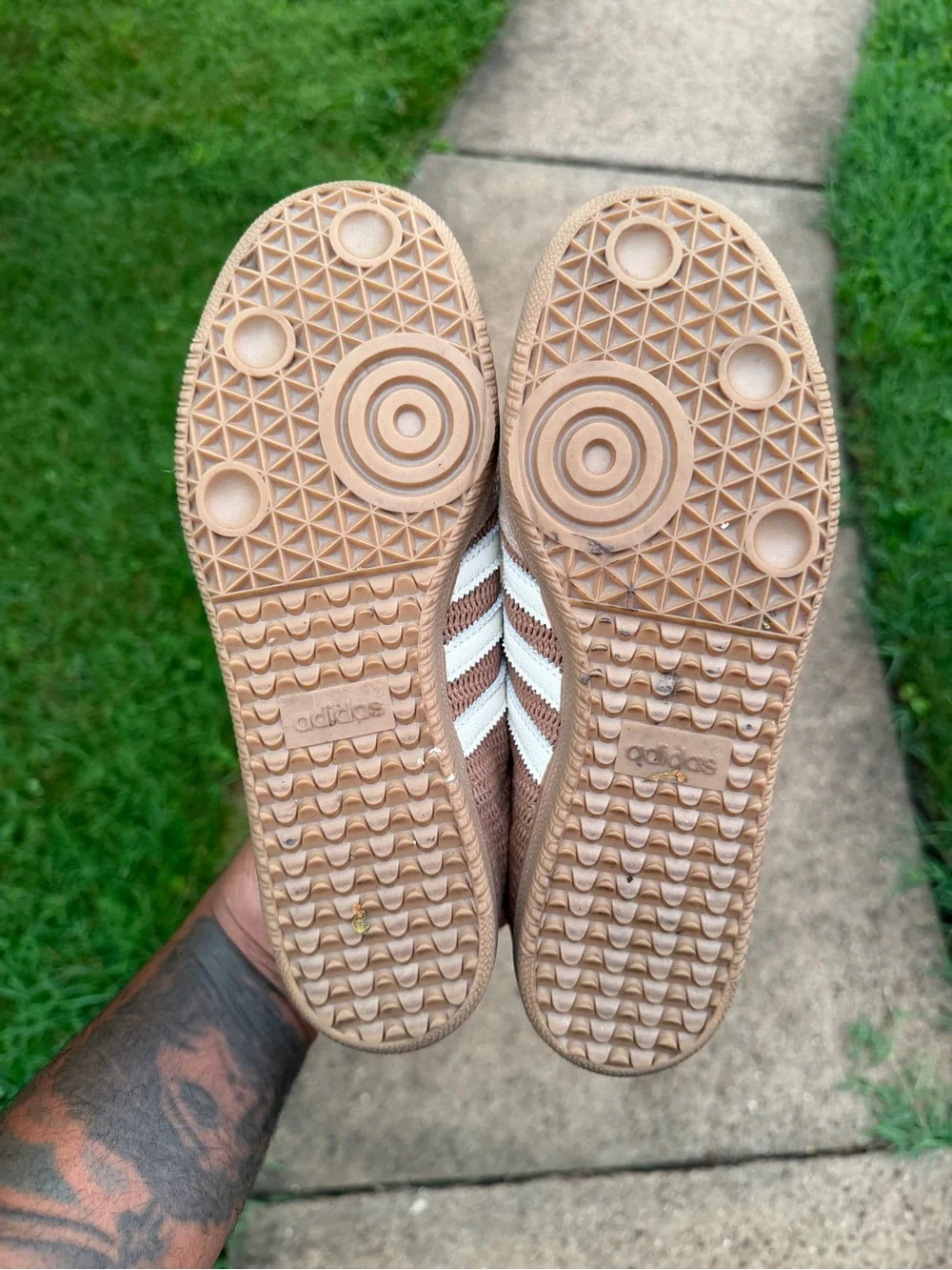 adidas Women’s Tan Suede & Knit Sneakers with White Stripes womens 8